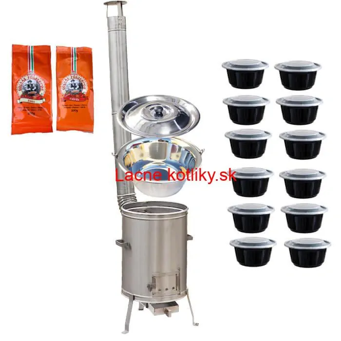 Nerezový kotlík 22 L (0,8 mm) INOX + nerezová kotlina 42 cm LUX + misky 12 ks + 2 x korenie na guláš 100 g