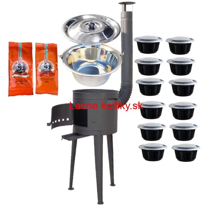 Nerezový kotlík 22 L (0,8 mm) INOX + vysoká žiaruvzdorná kotlina (1,5 mm) HODO 42 cm PLUS 600 + misky 12 ks + 2 x korenie na guláš 100 g