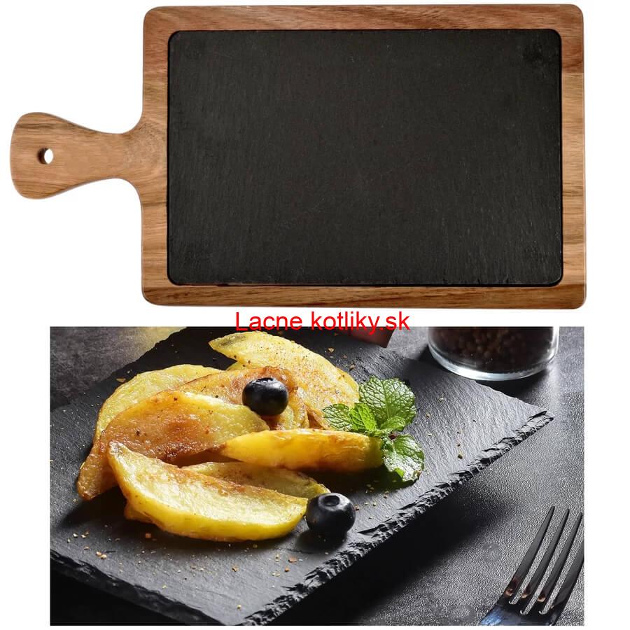 Servírovací podnos s bridlicovou doskou a rukoväťou z akáciového dreva 26 x 18 cm