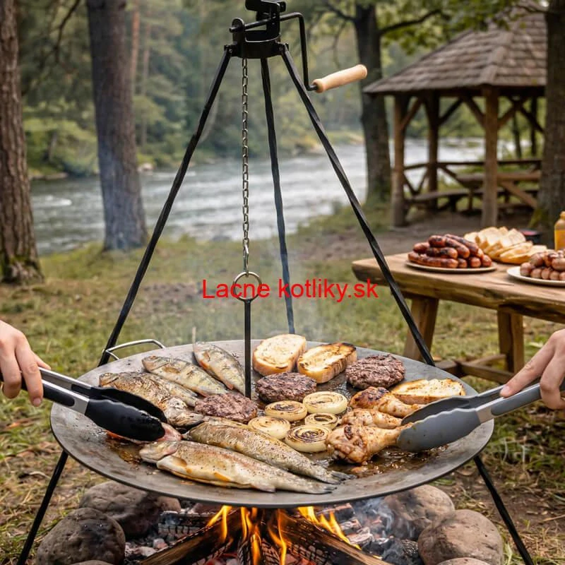 Grilovacia súprava CLASSIC STEEL PRO: Trojnožka 1,2 m s kladkou + Železná panvica 49 cm