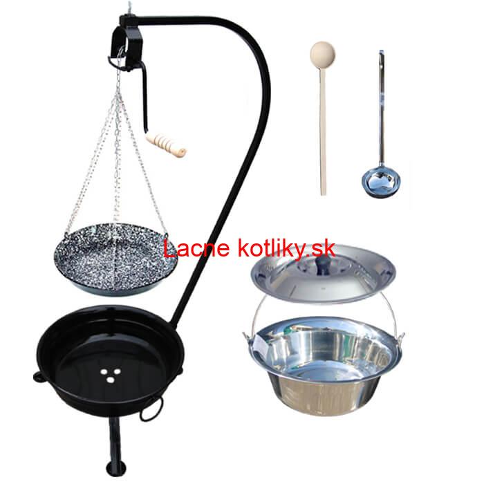 Nerezový kotlík 22 L (0,8 mm) INOX + smaltovaná panvica + ohnisko so stojanom a s poistnou kladkou VAR