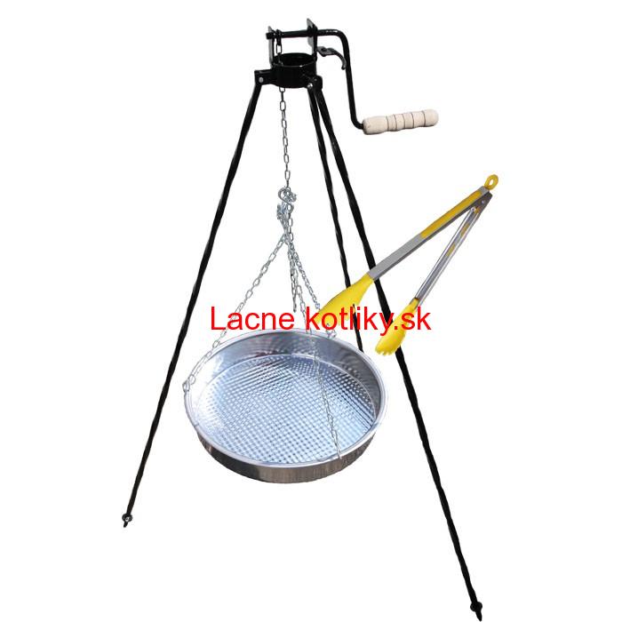 Nerezová panvica s retiazkou 42 cm + trojnožka s poistnou kladkou a obracačka na mäso GRILL PARTY 2