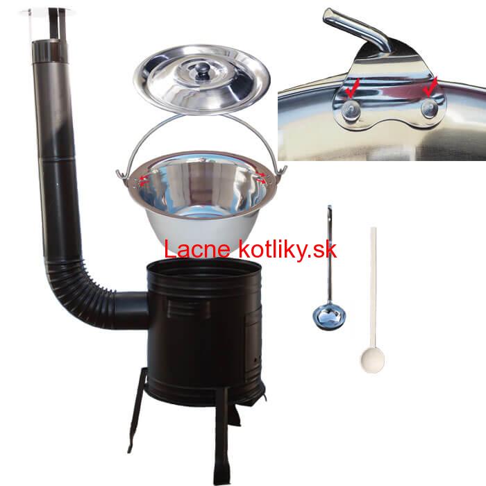 Nerezový kotlík 15 L (0,8 mm zosilnený s nitmi) + kovová kotlina 36 cm + vareška + naberačka