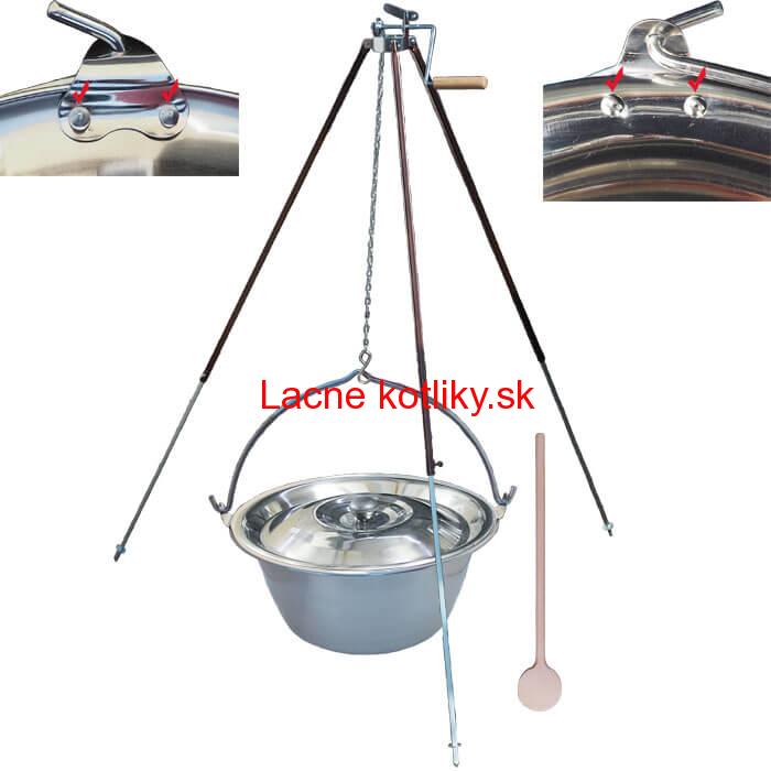 Antikorový kotlík 15 L (0,8 mm) s nitmi + teleskopická trojnožka s poistnou kladkou + pokrievka