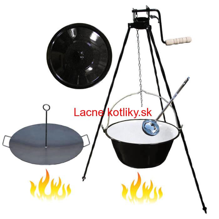 Smaltovaný kotlík 16 L (1,2 mm) + panvica na grilovanie a stojan s kladkou VAR