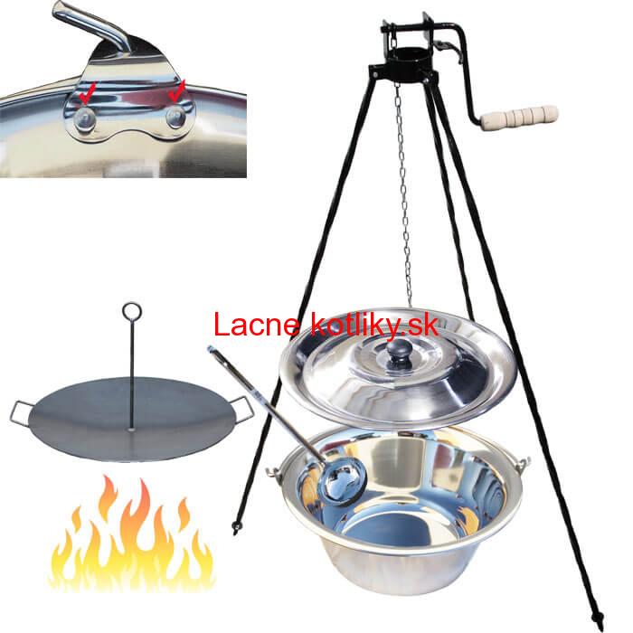 Antikorový kotlík 20 L (0,8 mm) s nitmi + panvica na grilovanie a stojan s kladkou VAR