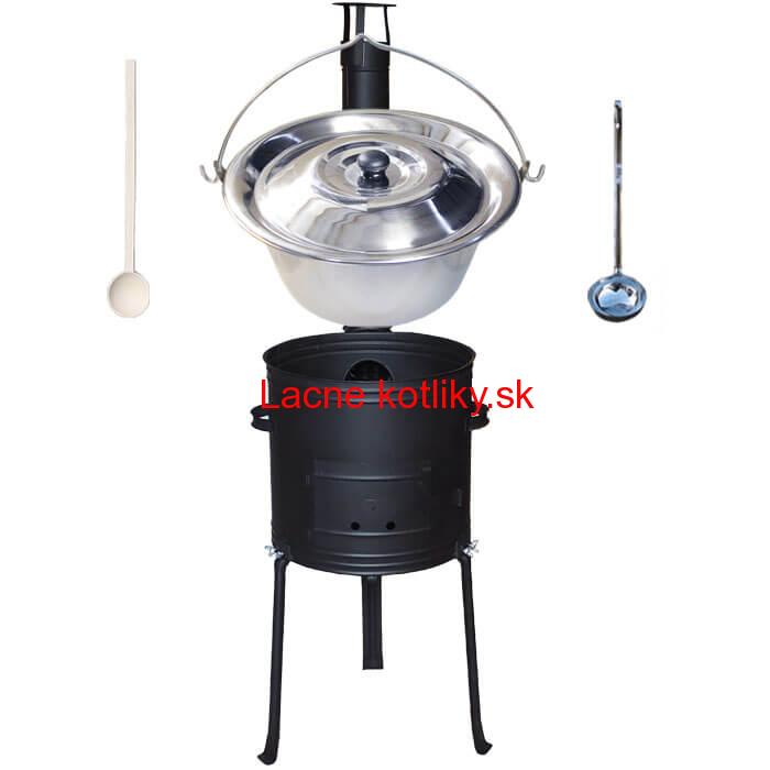 Antikorový kotlík 22 L (0,8 mm) + kovová kotlina s vysokými nožičkami 42 cm + vareška a naberačka