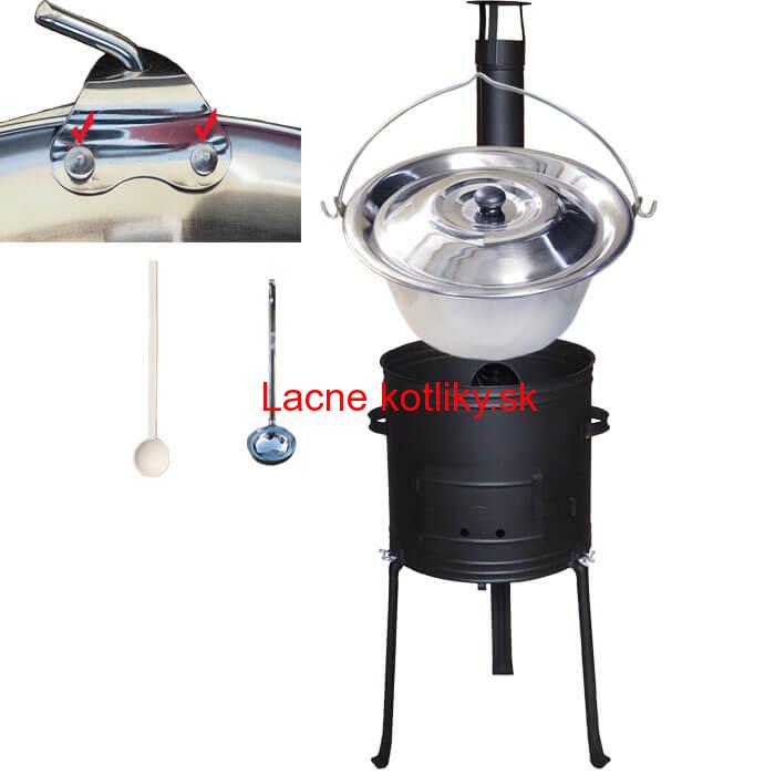 Antikorový kotlík 20 L (0,8 mm) zosilnený s nitmi + kovová kotlina s vysokými nožičkami 42, žiaruvzdorná farba Plus 700 + vareška a naberačka