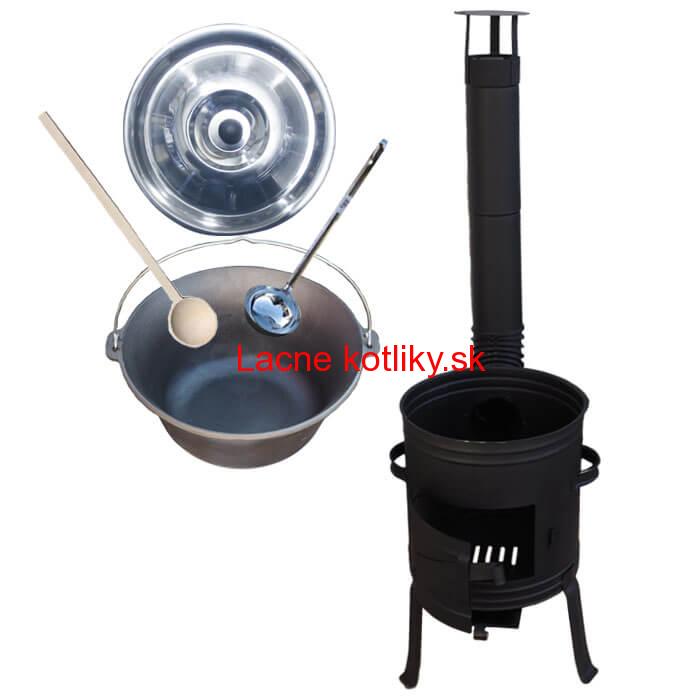 Liatinový kotlík 10 L + nízka žiaruvzdorná kotlina 33 cm PLUS 700 + vareška a naberačka