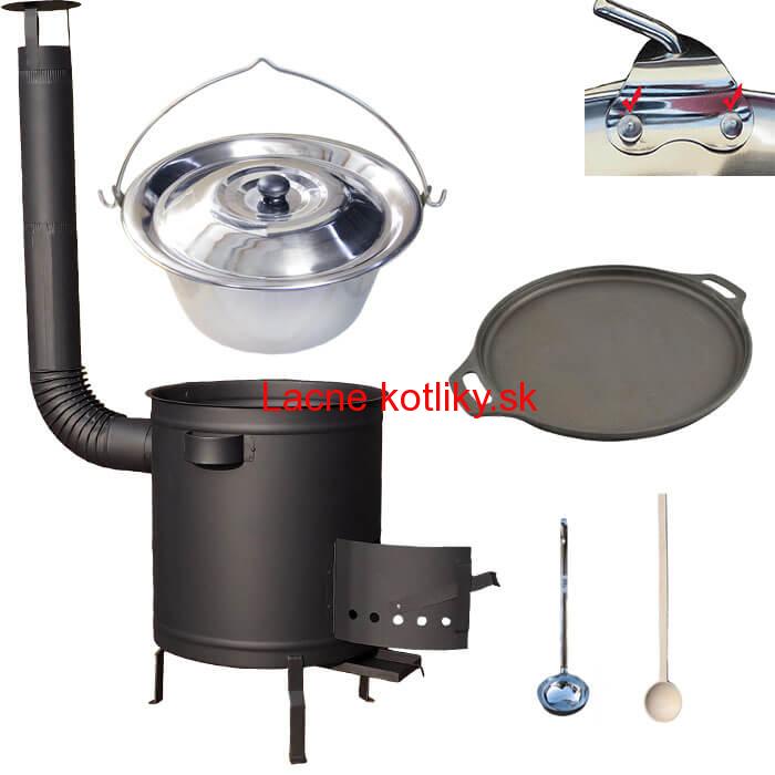 Nerezový kotlík 20 L (0,8 mm) zosilnený s nitmi + Liatinová panvica 43 cm + hrubostenná (1,5 mm) a žiaruvzdorná kotlina 42 PLUS 600