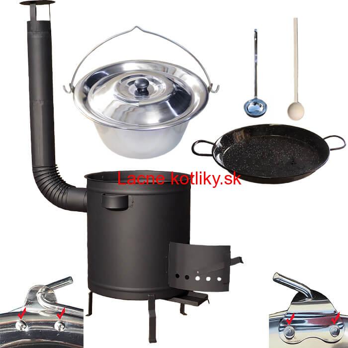 Nerezový kotlík 15 L (0,8 mm) zosilnený s nitmi + Paella panvica 38 cm + hrubostenná (1,5 mm) žiaruvzdorná kotlina 36 PLUS 600