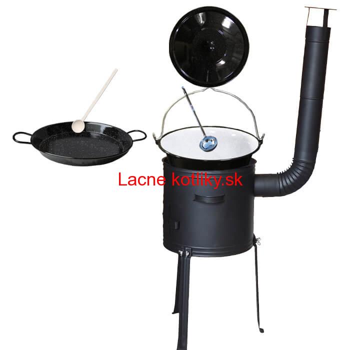 Smaltovaný kotlík 20 L + Paella panvica 46 cm + kovová kotlina s vysokými nožičkami 42 cm, žiaruvzdorná farba Plus 700