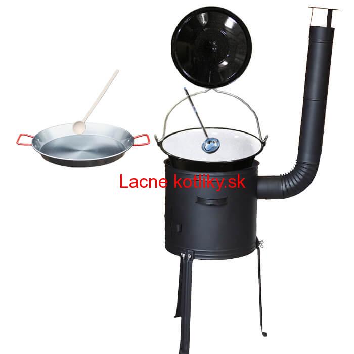 Smaltovaný kotlík 20 L + Paella panvica 46 cm + kovová kotlina s vysokými nožičkami 42 cm, žiaruvzdorná farba Plus 700