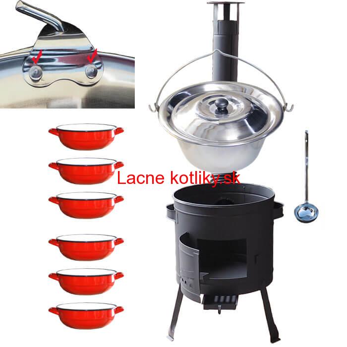 Nerezový kotlík 15 L (0,8 mm) s nitmi INOX + selské misky 6 ks + nízka žiaruvzdorná kotlina 36 cm PLUS 600