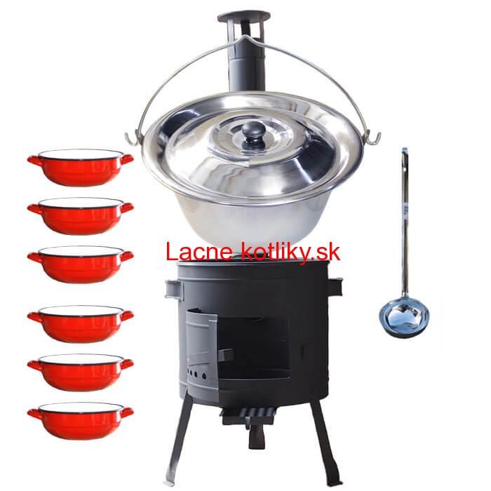 Nerezový kotlík 22 L (0,8 mm) INOX + selské misky 6 ks + nízka žiaruvzdorná kotlina 42 cm PLUS 600