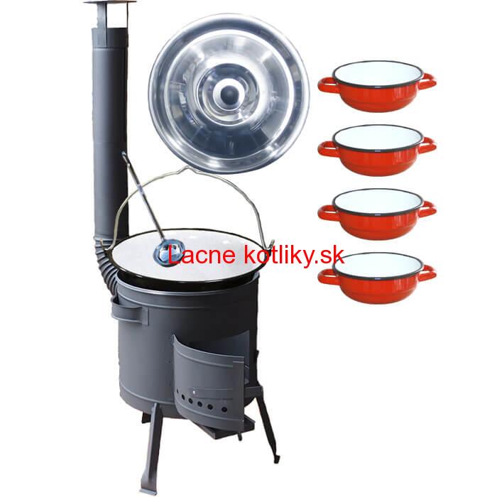 Smaltovaný kotlík 30 L + selské misky 4 ks + nízka žiaruvzdorná kotlina 45 cm PLUS 600