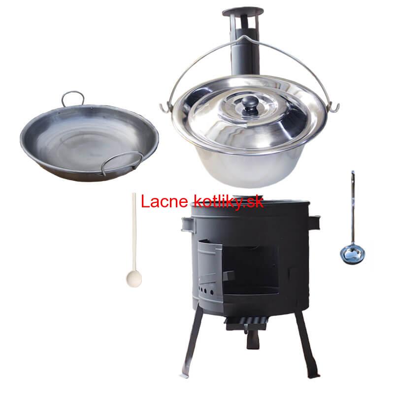 Nerezový kotlík 20 L (1,2 mm) INOX + železná panvica 46 cm WOK + nízka žiaruvzdorná kotlina 42 cm PLUS 600