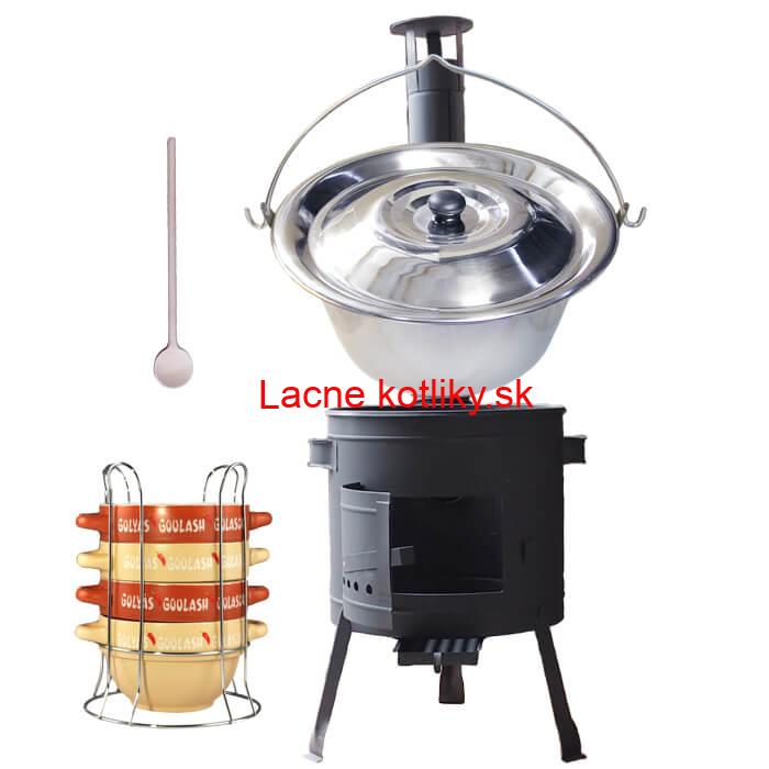 Nerezový kotlík 22 L (0,8 mm) INOX + misky na guláš 4 ks + nízka žiaruvzdorná kotlina 42 PLUS 600