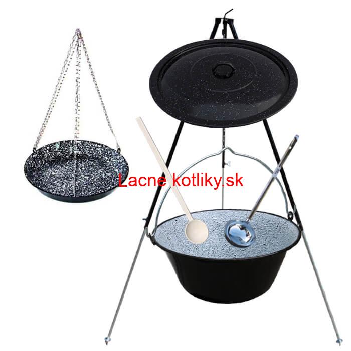 Smaltovaný kotlík 30 L + panvica na grilovanie + teleskopická trojnožka