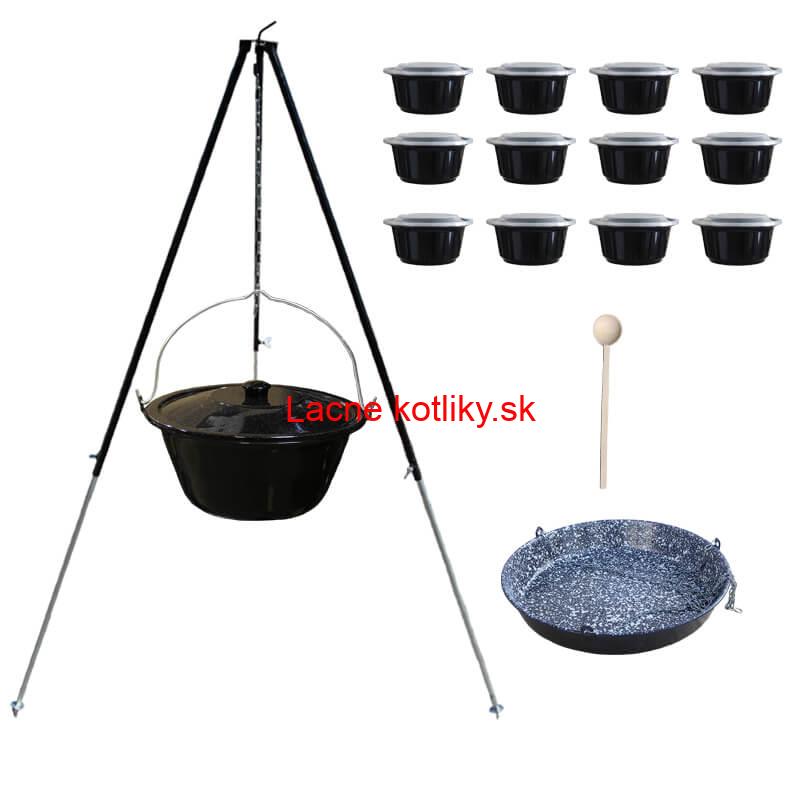 Smaltovaný kotlík 30 L + panvica na grilovanie + teleskopická trojnožka + misky 12 ks