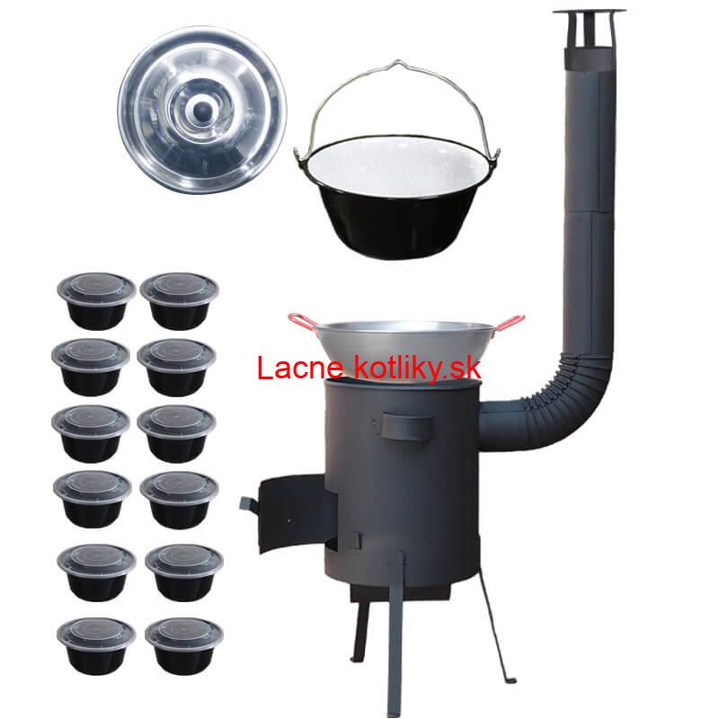 Smaltovaný kotlík 22 L + Panvica PAELLA (WOK) 45 cm + misky 12 ks + žiaruvzdorná kotlina 42 PLUS 600 s roštom na popol 4 mm
