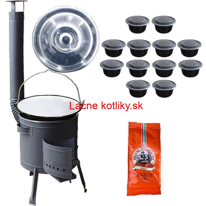 Smaltovaný kotlík 25 L (1,2 mm) + pokrievka + misky 12 ks + nízka žiaruvzdorná kotlina (0,8 mm) 42 PLUS 600