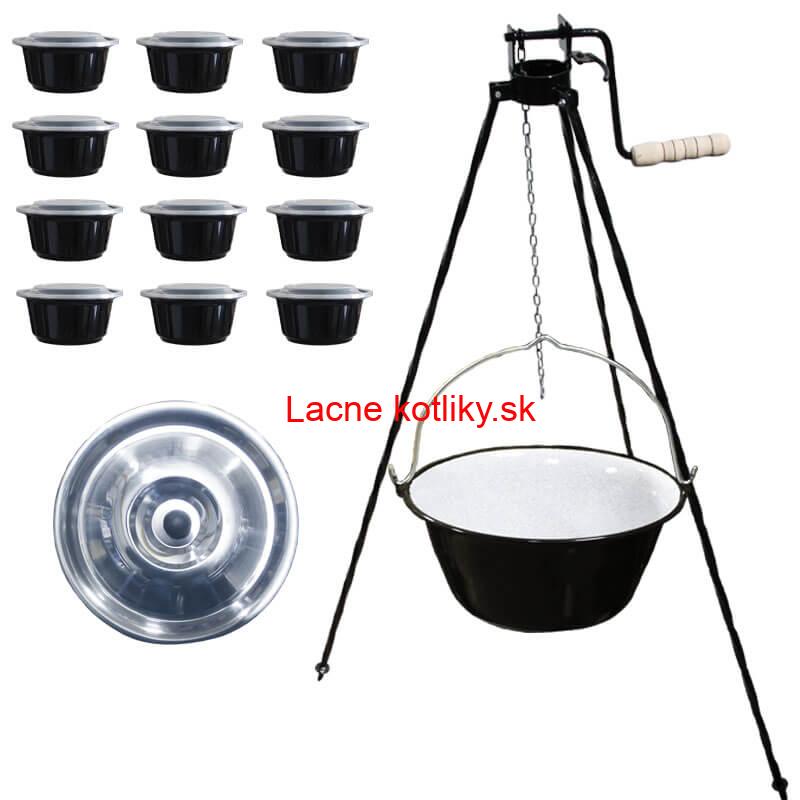 Smaltovaný kotlík 16 L + stojan s kladkou VAR + misky 12 ks
