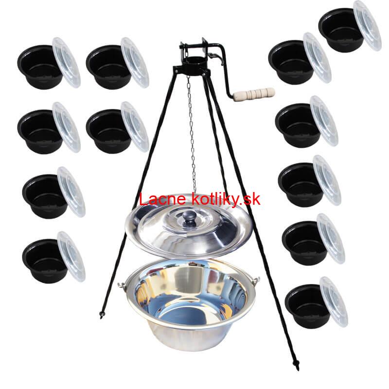 Antikorový kotlík 22 L + stojan s kladkou VAR + misky 12 ks