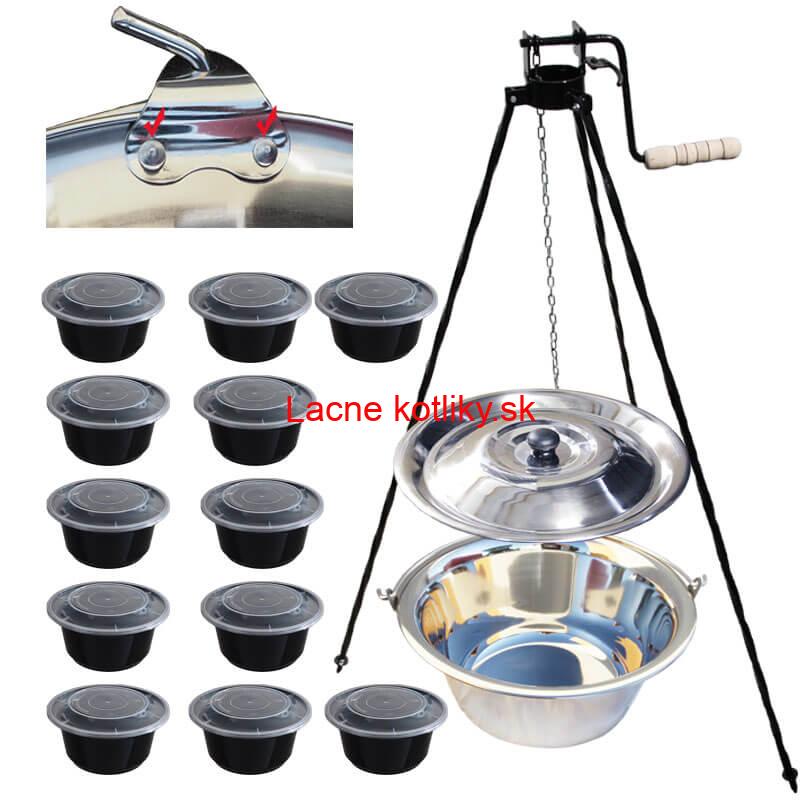 Antikorový kotlík 15 L (0,8 mm) s nitmi + stojan s kladkou VAR + misky 12 ks