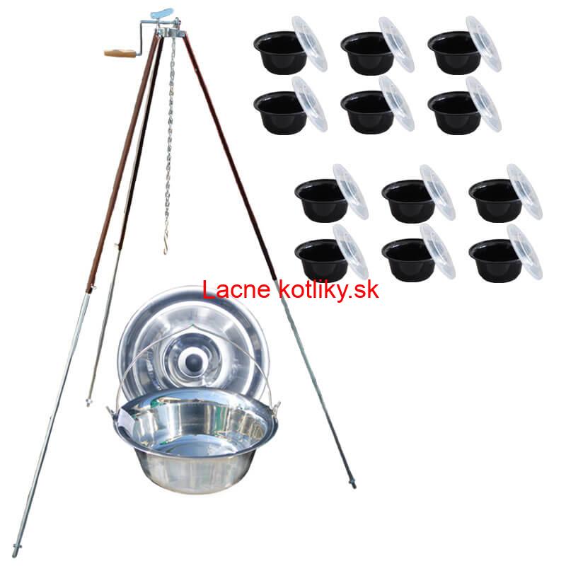 Antikorový kotlík 20 L (1,2 mm) + teleskopická trojnožka s poistnou kladkou + misky 12 ks