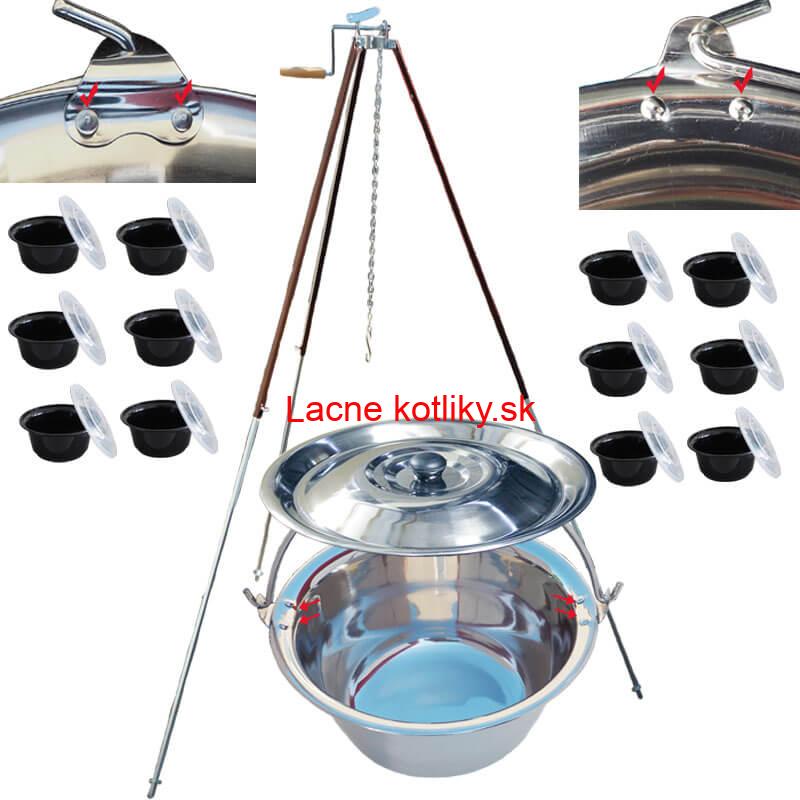 Antikorový kotlík 30 L (0,8 mm) s nitmi + teleskopická trojnožka s poistnou kladkou + misky 12 ks