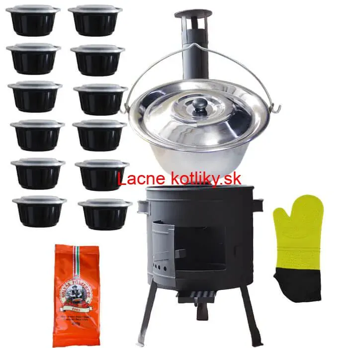 Nerezový kotlík 22 L (0,8 mm) + misky 12 ks + nízka žiaruvzdorná kotlina (1,5 mm) 42 PLUS 600