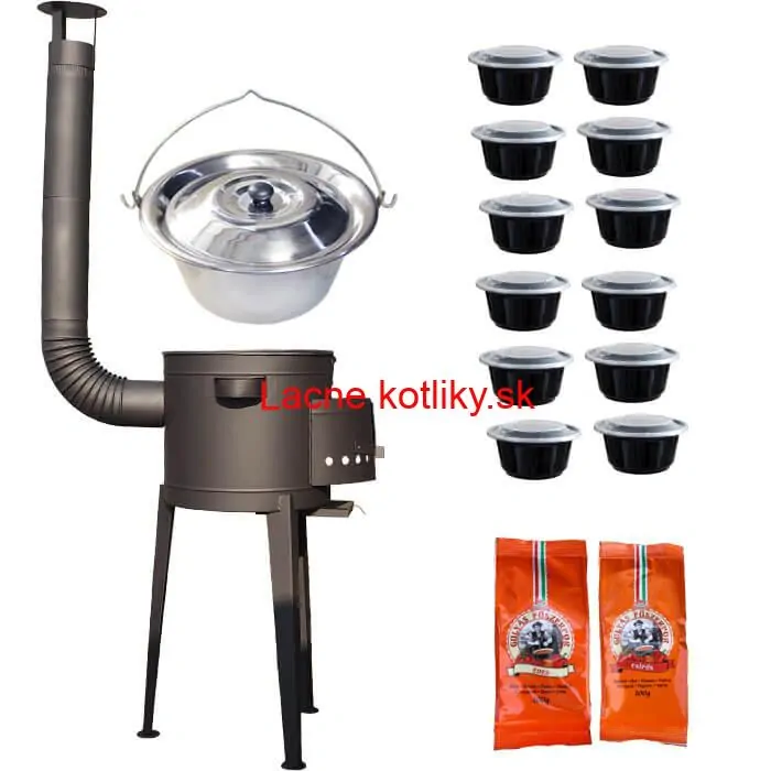 Nerezový kotlík 22 L (0,8 mm) INOX + vysoká žiaruvzdorná kotlina (1,5 mm) HODO 42 cm PLUS 600 + misky 12 ks + 2 x korenie na guláš 100 g