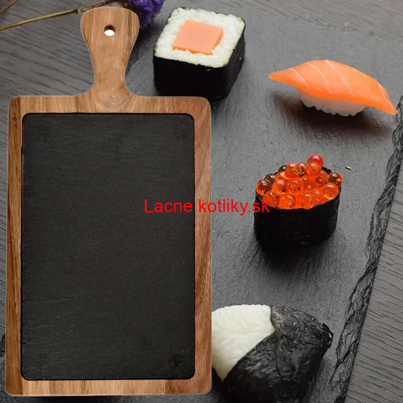 Servírovací podnos s bridlicovou doskou a rukoväťou z akáciového dreva 26 x 18 cm