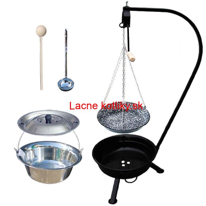 Nerezový kotlík 22 L (0,8 mm) INOX + smaltovaná panvica + ohnisko so stojanom a s poistnou kladkou VAR