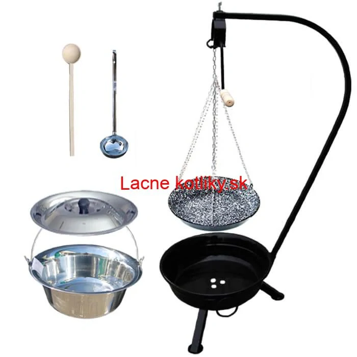 Nerezový kotlík 15 L (1,2 mm) INOX + smaltovaná panvica + ohnisko so stojanom a s poistnou kladkou VAR