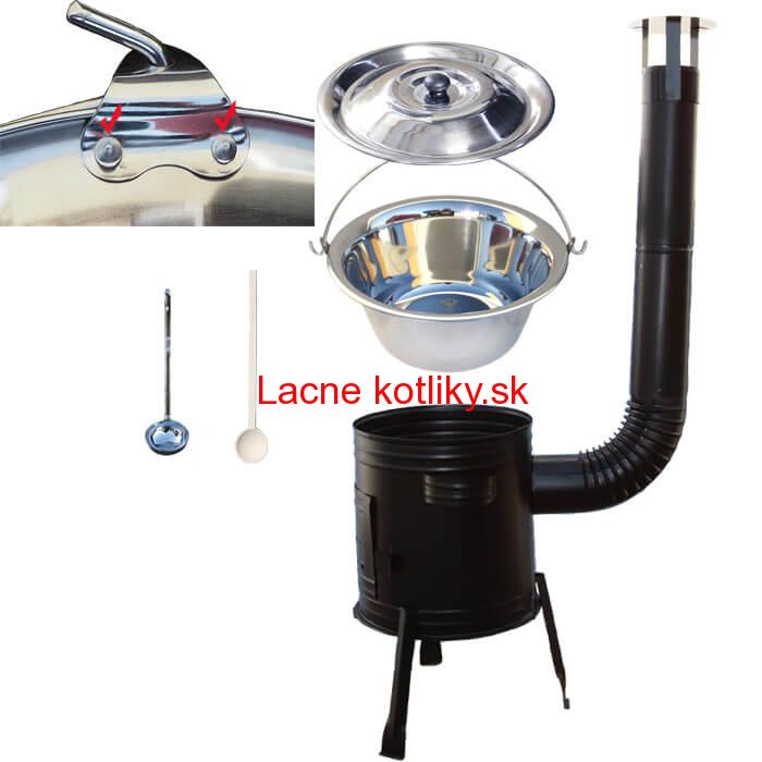 Nerezový kotlík 15 L (0,8 mm zosilnený s nitmi) + kovová kotlina 36 cm + vareška + naberačka