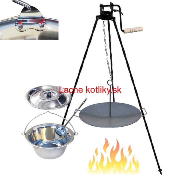 Antikorový kotlík 15 L (0,8 mm) s nitmi + panvica na grilovanie a stojan s kladkou VAR