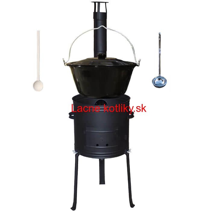 Smaltovaný kotlík 30 L + kovová kotlina s vysokými nožičkami 42 cm + vareška a naberačka