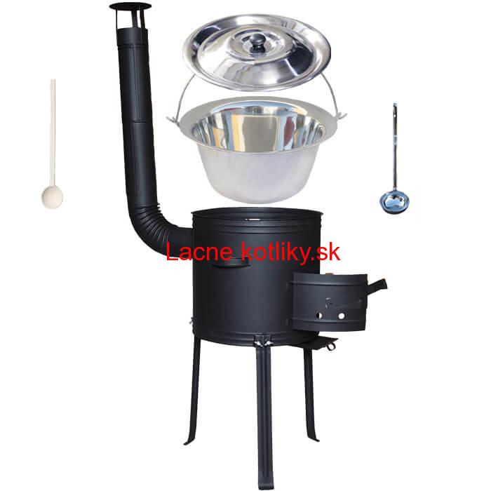 Antikorový kotlík 14 L (0,8 mm) + kovová kotlina s vysokými nožičkami 36 cm + vareška a naberačka