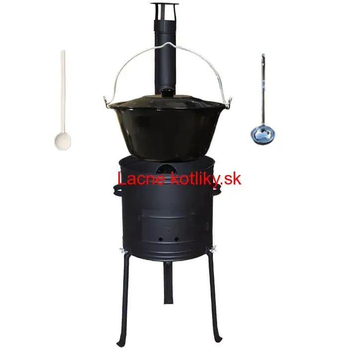 Smaltovaný kotlík 20 L + kovová kotlina s vysokými nožičkami 42 cm, žiaruvzdorná farba Plus 700 + vareška a naberačka