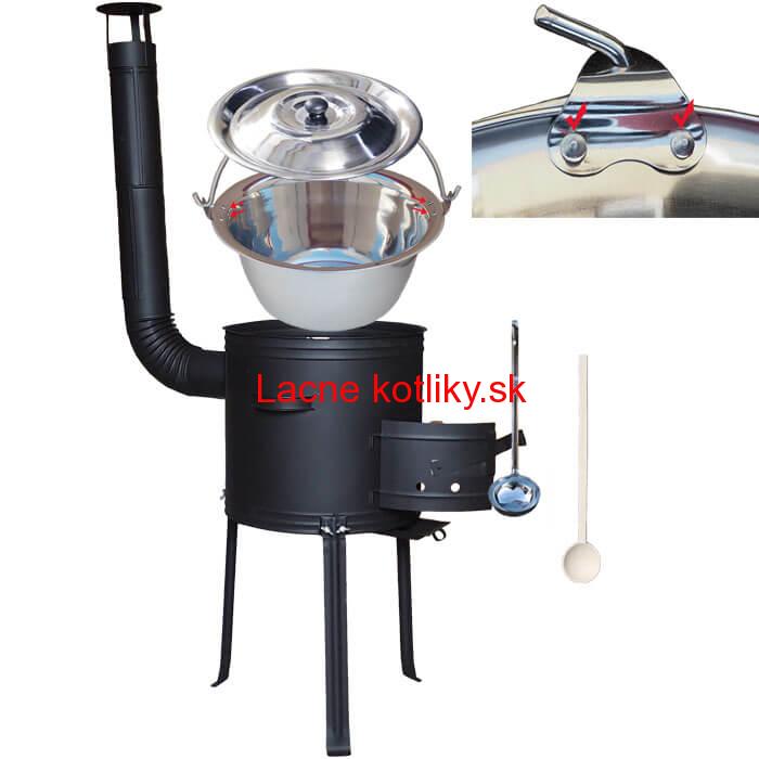 Antikorový kotlík 20 L (0,8 mm) zosilnený s nitmi + kovová kotlina s vysokými nožičkami 42, žiaruvzdorná farba Plus 700 + vareška a naberačka