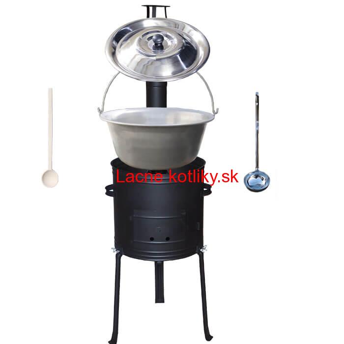 Nerezový kotlík 20 L (1,5 mm) + kovová kotlina s vysokými nožičkami 42 cm, žiaruvzdorná farba Plus 700 + vareška a naberačka