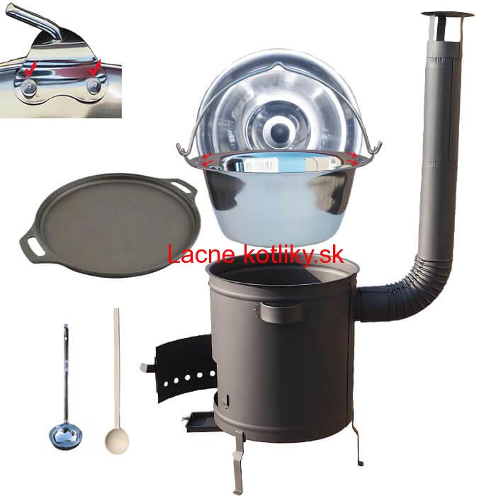 Nerezový kotlík 20 L (0,8 mm) zosilnený s nitmi + Liatinová panvica 43 cm + hrubostenná (1,5 mm) a žiaruvzdorná kotlina 42 PLUS 600