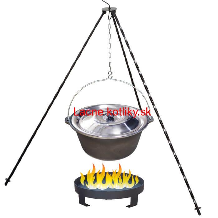 Liatinový kotlík 10,8 L + nerezová pokrievka + trojnožka 1,2 m + ohnisko 36 cm