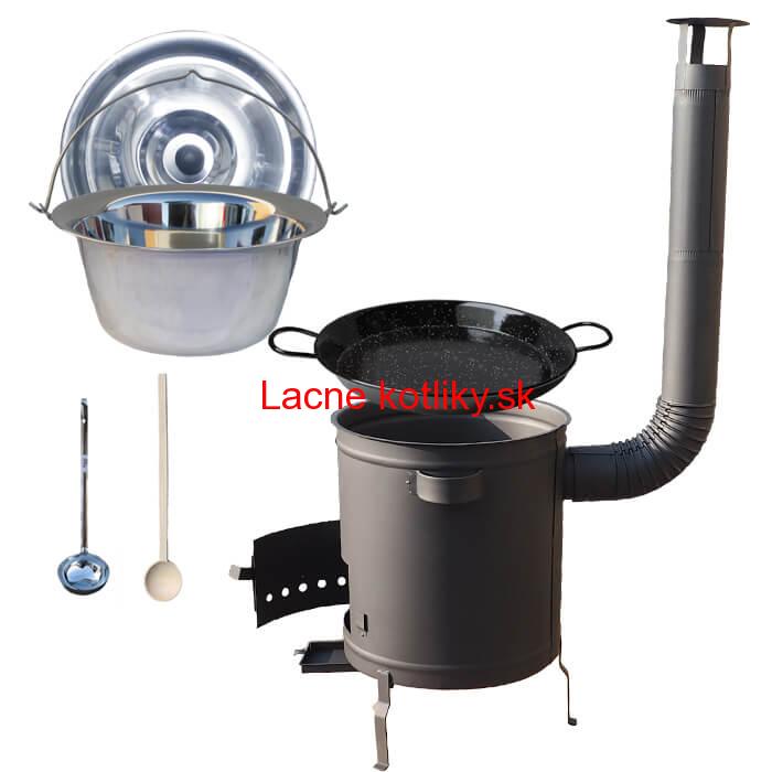 Nerezový kotlík 14 L (0,8 mm) + Paella panvica 38 cm + hrubostenná (1,5 mm) žiaruvzdorná kotlina (1,5 mm) 36 PLUS 600