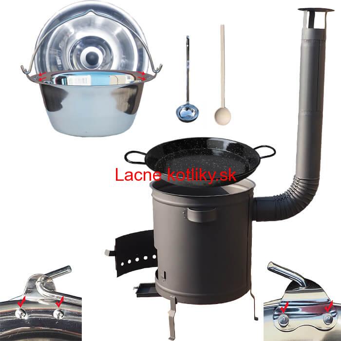 Nerezový kotlík 15 L (0,8 mm) zosilnený s nitmi + Paella panvica 38 cm + hrubostenná (1,5 mm) žiaruvzdorná kotlina 36 PLUS 600