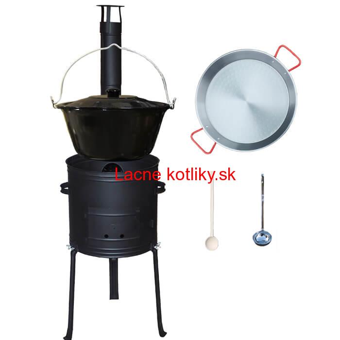 Smaltovaný kotlík 20 L + Paella panvica 46 cm + kovová kotlina s vysokými nožičkami 42 cm, žiaruvzdorná farba Plus 700