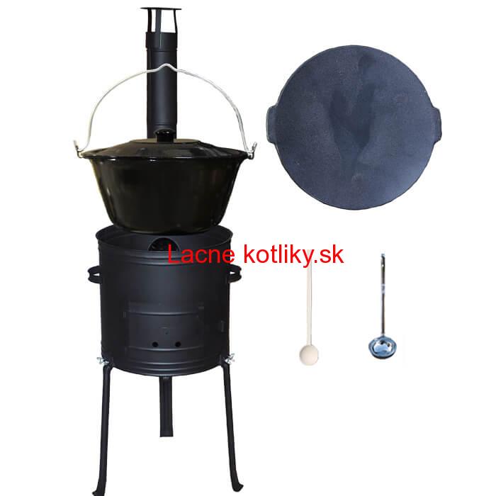 Smaltovaný kotlík 25 L + Liatinová panvica 45 cm + kovová kotlina s vysokými nožičkami 42 cm, žiaruvzdorná farba Plus 700