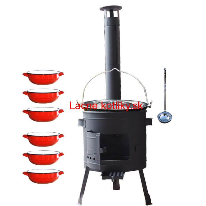 Smaltovaný kotlík 25 L + selské misky 6 ks + nízka žiaruvzdorná kotlina 42 cm PLUS 600